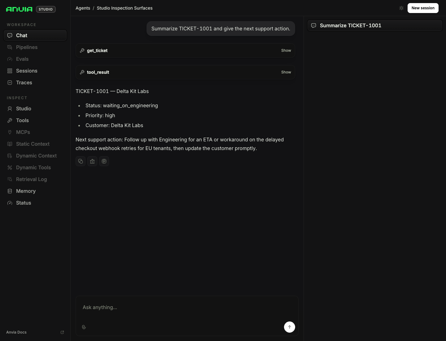 Studio Playground showing a real chat run with a get_ticket tool call and final LLM response.