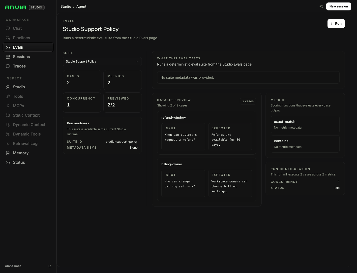 Studio eval runner showing the support policy eval suite and run controls.