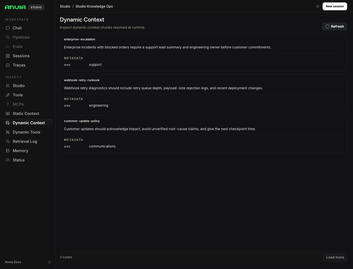 Studio knowledge inspector showing dynamic context chunks and metadata.