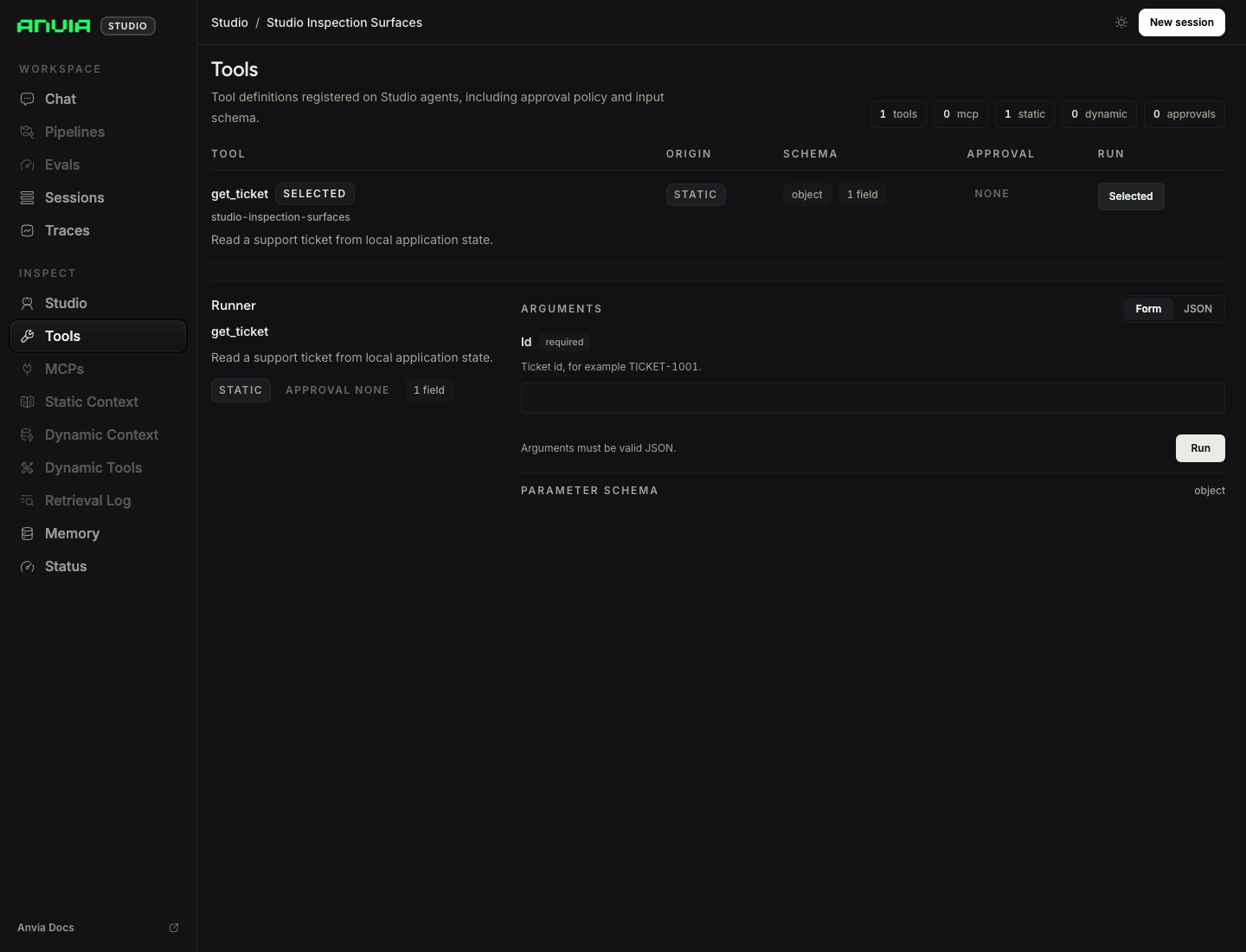 Studio tools page showing schema-driven arguments for a local support ticket tool.